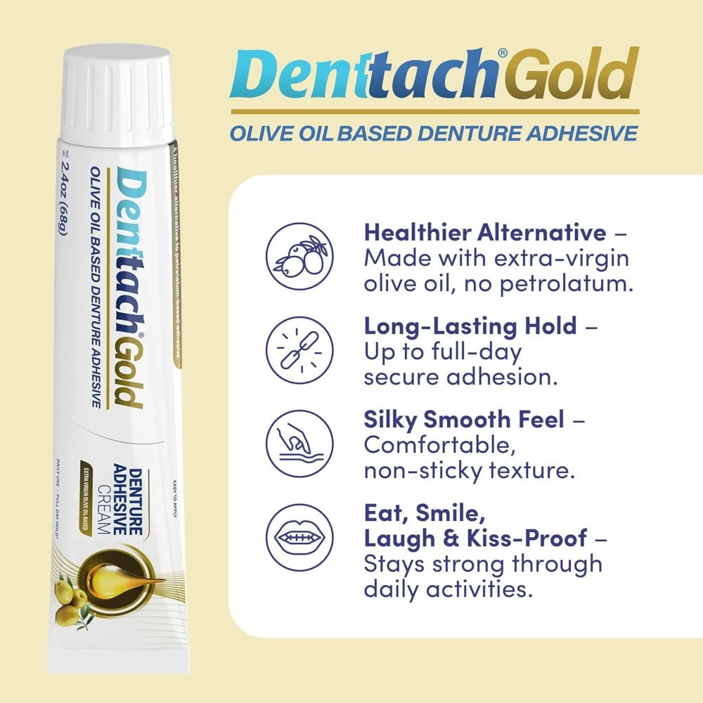 Denture Adhesive Cream Zinc-Free Olive Oil Formula – All Day Strong Hold for Full & Partial Dentures Petroleum-Free Non-Toxic Denture Glue 2.4 oz Secure Comfortable Fit for Seniors Daily Use