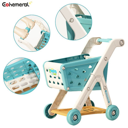 Kids Pretend Play Shopping Cart Toy Set with Realistic Food & Grocery Accessories – Supermarket Role Play for Toddlers Girls Boys Ages 3+, Blue, Birthday Christmas Gift