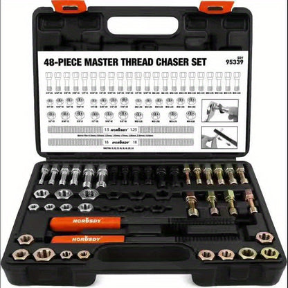 Thread Repair Kit 48-Piece – UNF UNC & Metric Tap and Die Rethreading Set, SAE & Metric Thread Chaser for Bolt & Nut Repair, Color-Coded with Storage Case