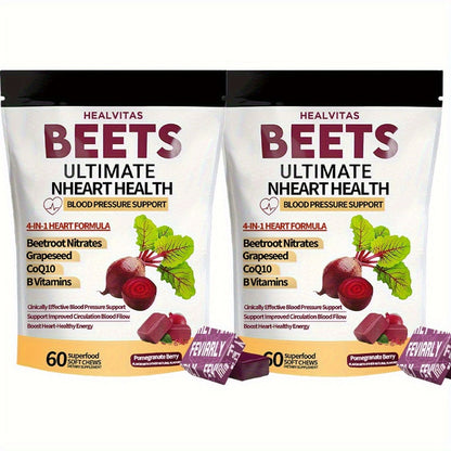 Super Beet Chewable Gummies with CoQ10 Grape Seed Extract & B Vitamins — 4-in-1 Blood Pressure Heart Health Circulation & Energy Support for Women and Men | 60 120 or 180 Count