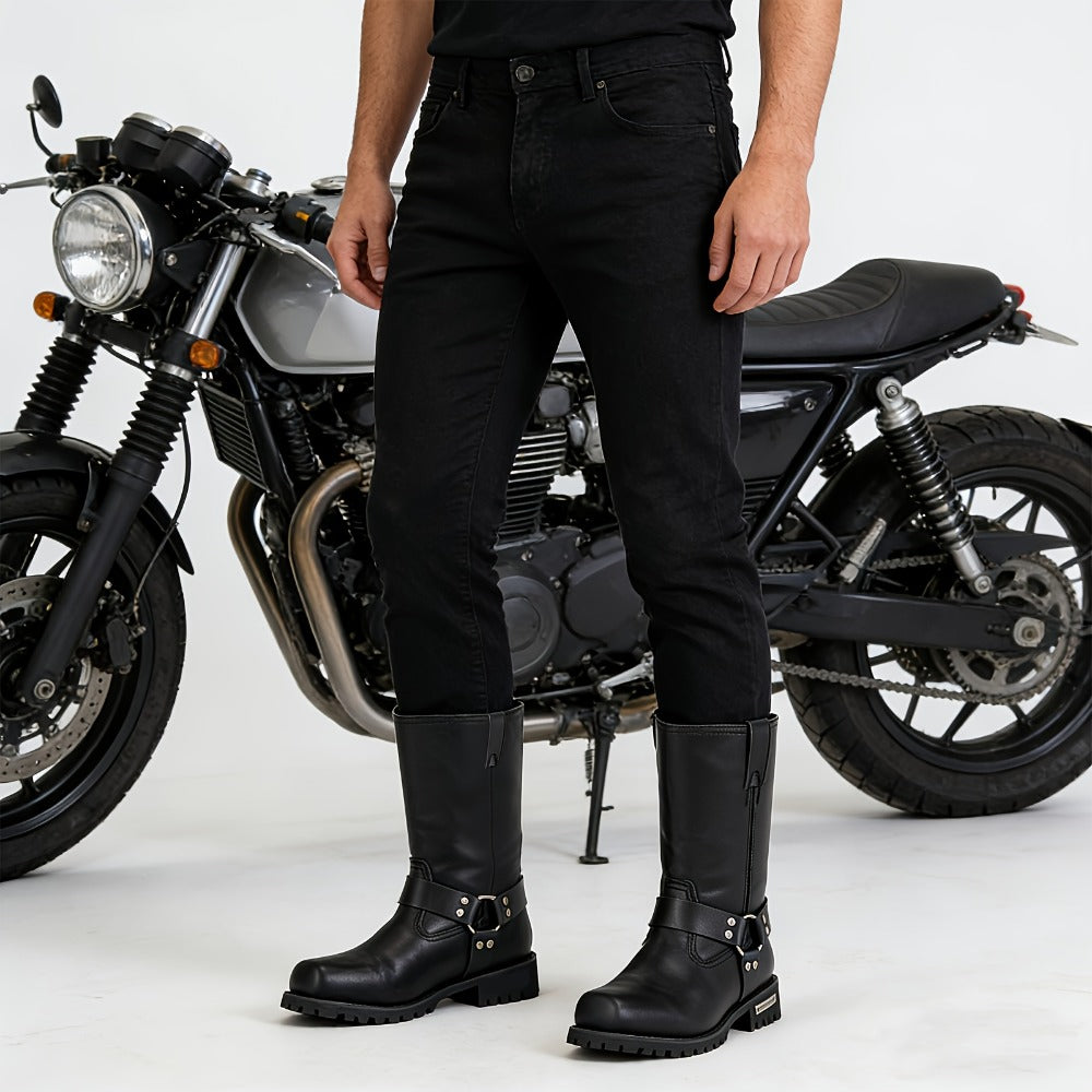 Men's Motorcycle Boots 11" Harness – PU Leather Non-Slip Square Toe Mid-Calf Biker Boots, Abrasion Resistant All-Season Riding Boots, Sizes US 8 to US 14, Black