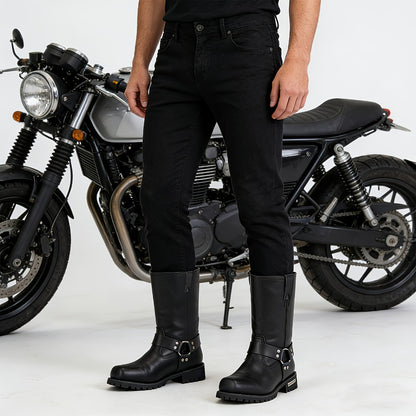 Men's Motorcycle Boots 11" Harness – PU Leather Non-Slip Square Toe Mid-Calf Biker Boots, Abrasion Resistant All-Season Riding Boots, Sizes US 8 to US 14, Black