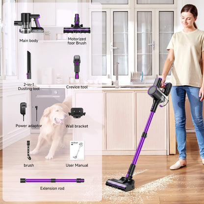 Vertical Vacuum Cleaner 55-70Kpa 3-Speed Adjustment with LED Floor Brush & Detachable Battery - 45 Min Runtime, Lightweight Handheld for Pet Hair, Carpet & Hard Floors, 7 Colors Available