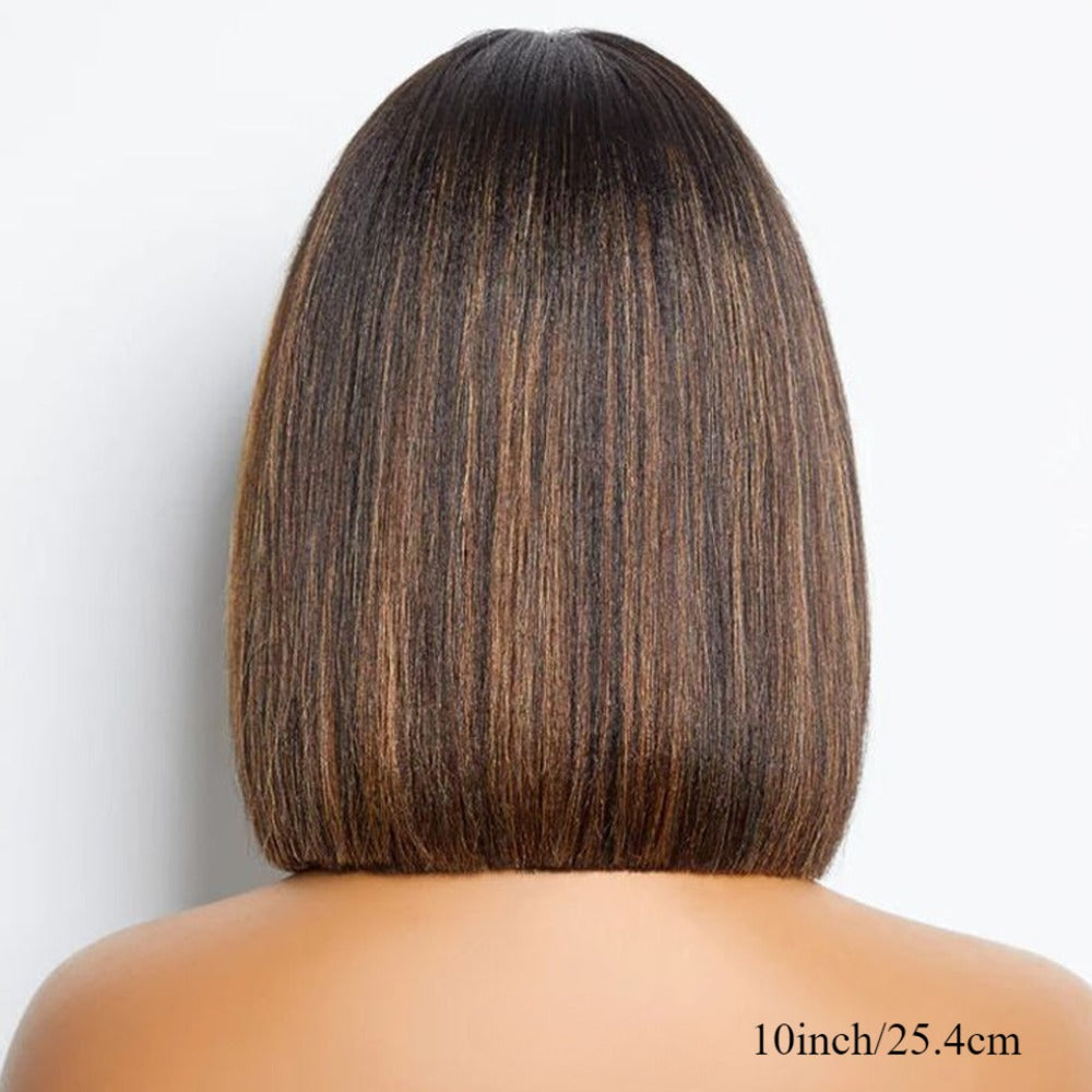 Straight Bob Wig with Bangs Human Hair 3x1 Lace Part Pre-Plucked Glueless Brazilian Short Bob 150 Density 1B/30 Highlight Natural Black 10-12 Inch Women