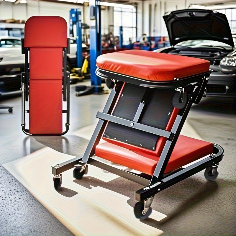 36" Heavy-Duty 3-In-1 Folding Crawler. Professional-Grade with Adjustable Z-Seat (Tilt/Recline). Features 6 Lockable Casters And A 350-650 Lb Capacity. The Essential Red/Black Tool for Multi-Purpose Automotive Repair