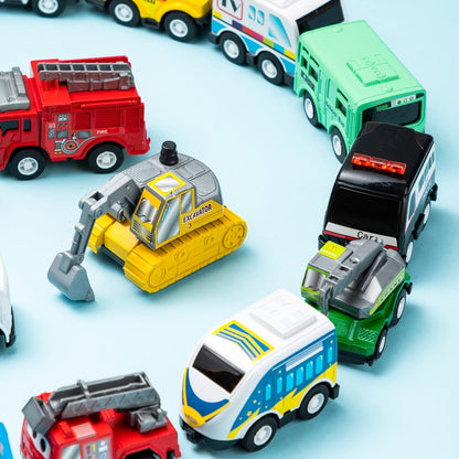 18-Piece Pull Back Mini Cars Set for Kids – City Vehicles Fire Truck Police Car School Bus Freight Train, Friction Powered Toy Cars Boys Girls Ages 3+ Party Favors Gift