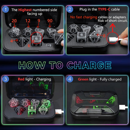 RGB LED DND Dice Set Rechargeable 7pcs – Illuminated Polyhedral Dice with Type-C Charging Case for D&D RPG Tabletop Games, Astral Shard Black, Glow in Dark Gift for Gamers