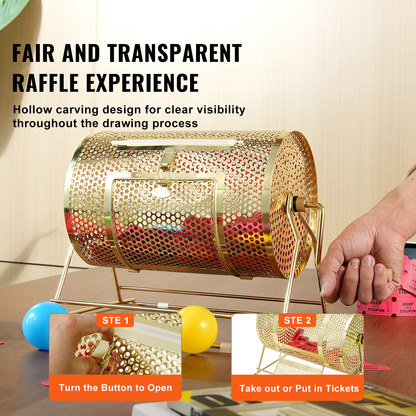 Raffle Drum Spinning Cage 12 Inch – Brass Plated Metal Lottery Ticket Drum with Wooden Handle, Holds 2500 Tickets or 100 Ping Pong Balls, for Bingo Ballot Party Events Fundraisers Trade Shows