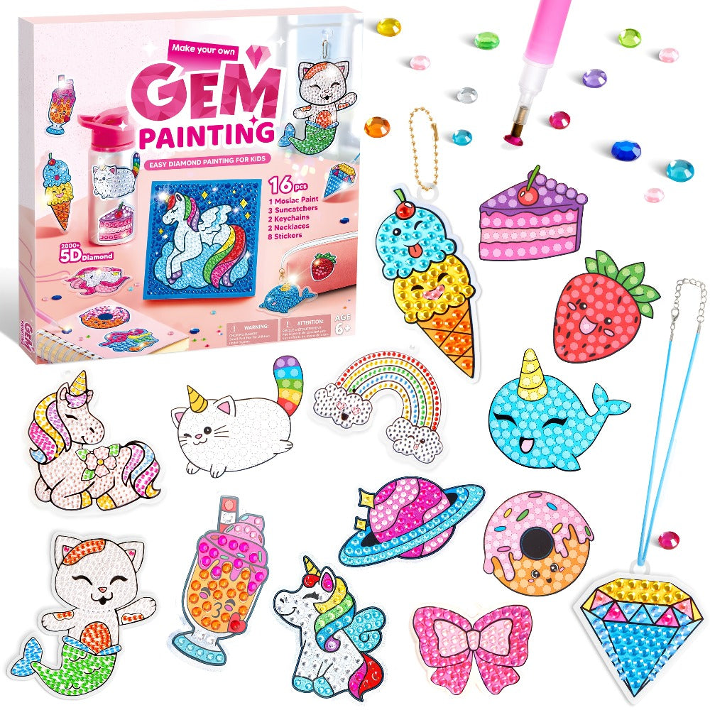 Diamond Gem Painting Kit for Girls Ages 6+ 16 Projects – 5D Gem Art Set with 2800+ Gems Unicorn Suncatchers Keychains Necklaces Stickers, All-in-One Arts Crafts Birthday Christmas Gift