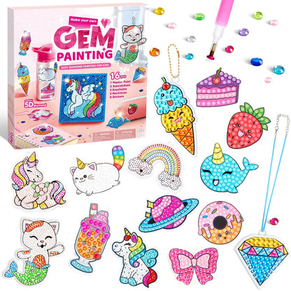 Diamond Gem Painting Kit for Girls Ages 6+ 16 Projects – 5D Gem Art Set with 2800+ Gems Unicorn Suncatchers Keychains Necklaces Stickers, All-in-One Arts Crafts Birthday Christmas Gift