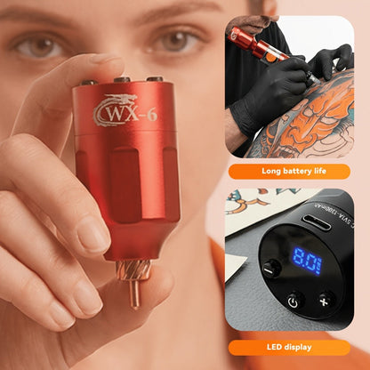 Wireless Tattoo Power Supply Portable Rechargeable Battery LED Digital Display RCA DC Connector Coreless Motor for Rotary Tattoo Pen Machine - Red Silver Black