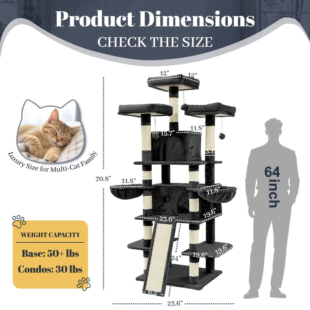 Large Multi-Level Cat Tree Tower – 68–81 Inch Tall Cat Condo with 2 Condos, 3 Plush Perches, Scratching Posts & Cat Hair Brush