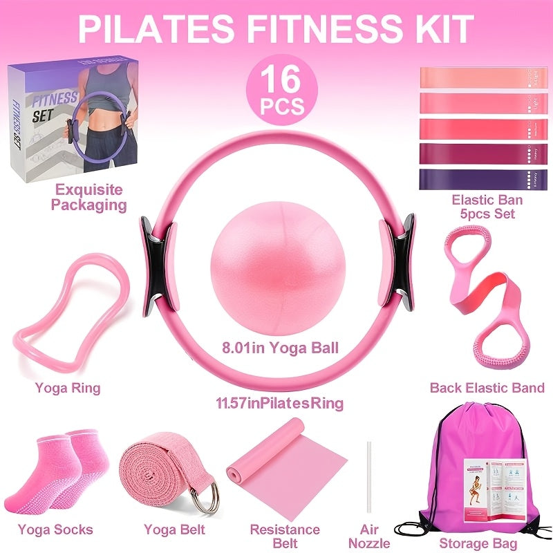 Silicone Pilates Exercise Set 16-Piece – Pilates Rings, Resistance Bands, Yoga Ball & Accessories for Home Yoga & Daily Fitness Workouts – Pink & Purple