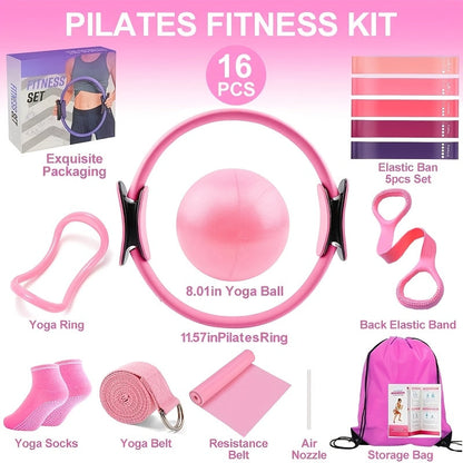 Silicone Pilates Exercise Set 16-Piece – Pilates Rings, Resistance Bands, Yoga Ball & Accessories for Home Yoga & Daily Fitness Workouts – Pink & Purple