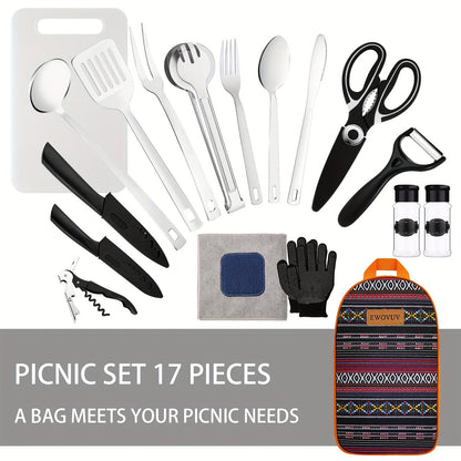 Camping Cooking Utensils Set – Bohemia Style Outdoor Cookware Kit for Camp Kitchen, RV, Picnic, BBQ & Portable Stove | Camping Essentials Gear Accessories