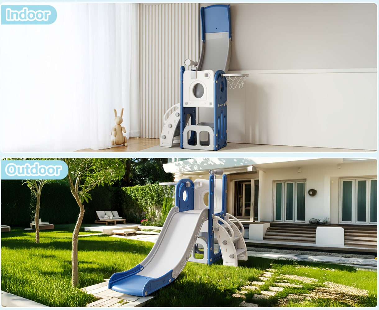 Toddler Slide & Climber Playset L-Shaped Indoor Outdoor Playground with Basketball Hoop Storage Telescope Easy Assembly Birthday Gift Boys Girls
