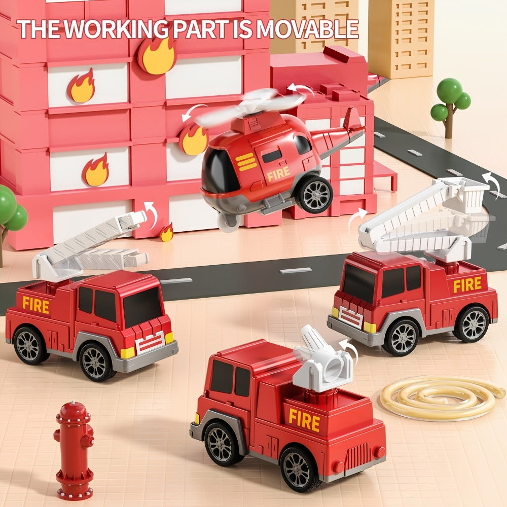 5-in-1 Fire Truck Playset for Kids 3-9, Friction Powered Interchangeable Rescue Vehicles Set with Carrier Truck, Red Plastic Toy Cars for Boys and Girls, Birthday Christmas Gift