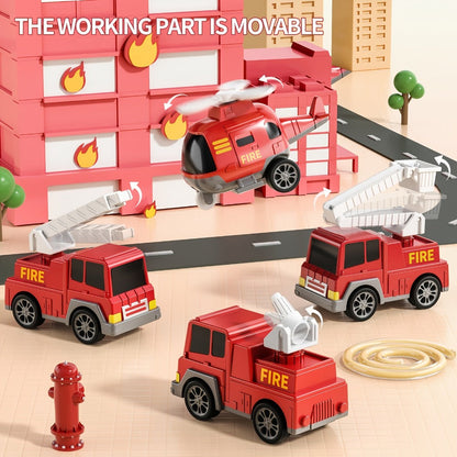 5-in-1 Fire Truck Playset for Kids 3-9, Friction Powered Interchangeable Rescue Vehicles Set with Carrier Truck, Red Plastic Toy Cars for Boys and Girls, Birthday Christmas Gift