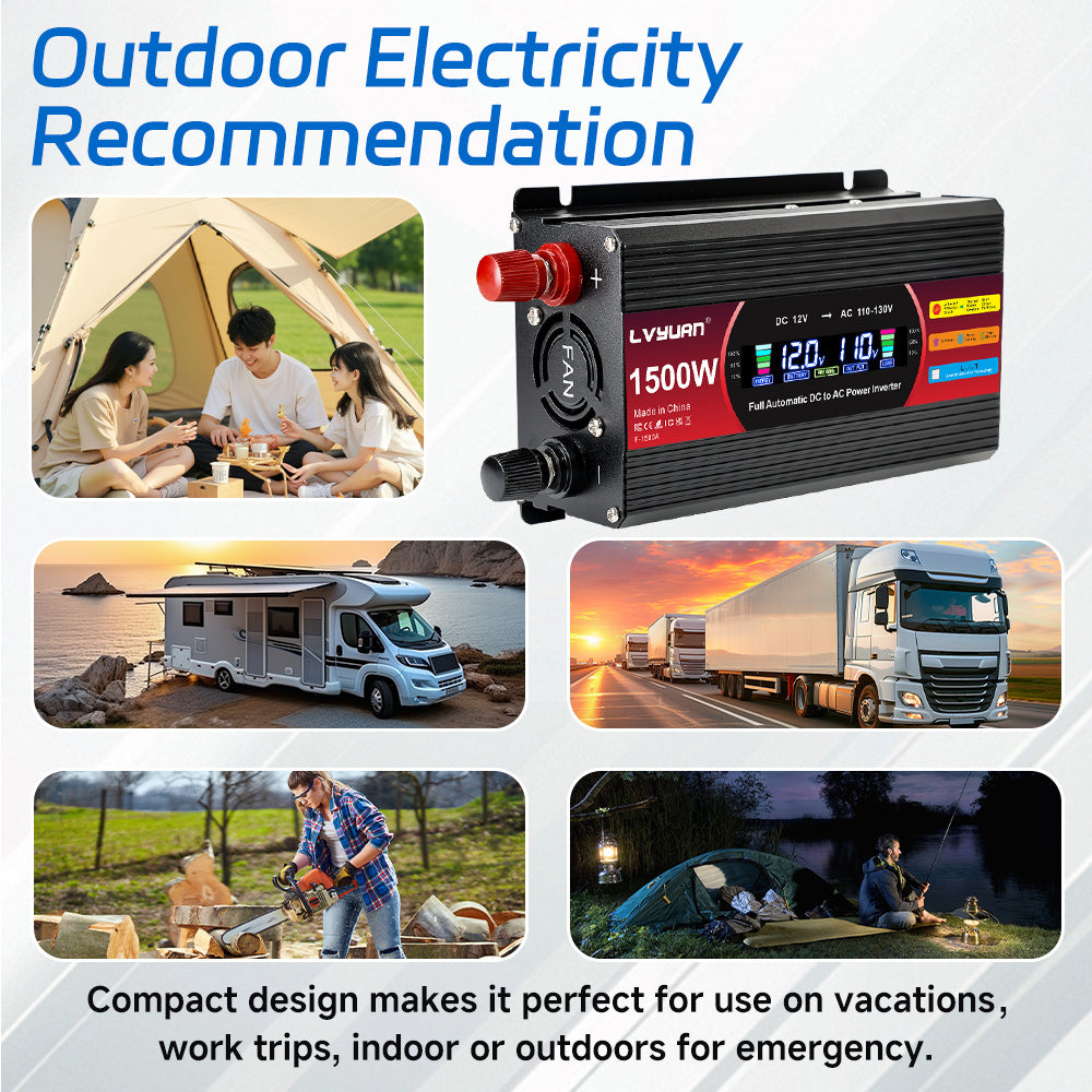1500W (Peak) Car Power Inverter DC 12V to 110V/120V AC Converter with LCD Display Dual AC Outlets and Dual USB Car Charger for Car Home Laptop Truck Red.