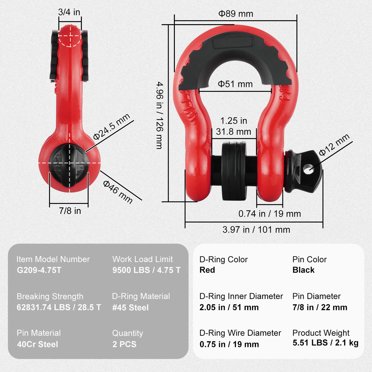 VEVOR 3/4" D-Ring Shackle, 2 Pack Alloy Steel Shackles 62832 lbs (28.5 Ton) Break Strength with 7/8" Screw Pin, Isolators & Washers, Heavy Duty Off Road Vehicle Recovery Shackle for Jeep Truck,Orange/Black/Red