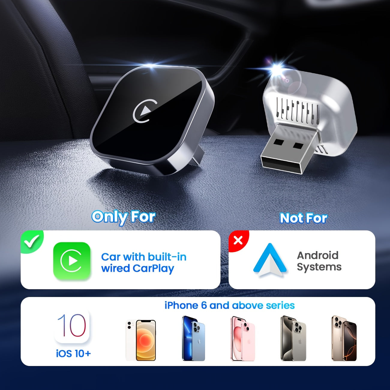 2026 Upgraded Wireless CarPlay Adapter, Mini Dongle Wireless CarPlay Adapter for iPhone & Android Auto Adapter 2-in-1, Convert Wired to Wireless Adapter for CarPlay, Plug & Play, USB-C, Low Latency, Auto Connect & Play GPS Digital Media Receiver