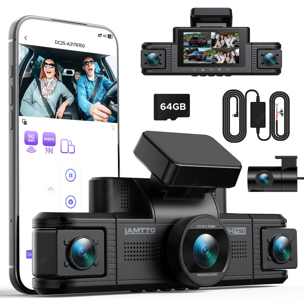 Lamtto 4 Channel Dashcam 360° View Dash Cam Front and Rear Inside 2K+1080P+1080P,+1080P, Dash Camera for Cars, 8 IR Lamps Night Vision, 5G WiFi & APP Control, G-Sensor, Parking Mode, with a Hardwire Kit