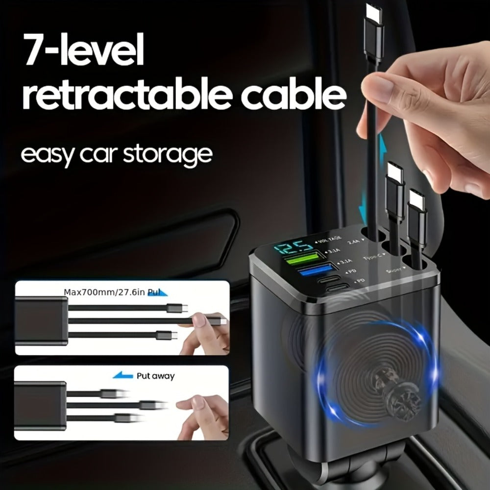 7-in-1 Car Fast Charger with 3 Retractable Cables, LED Digital Display, 180° Adjustable Arm, Universal Plug – Multi-Port USB Car Phone Charger for iPhone Android