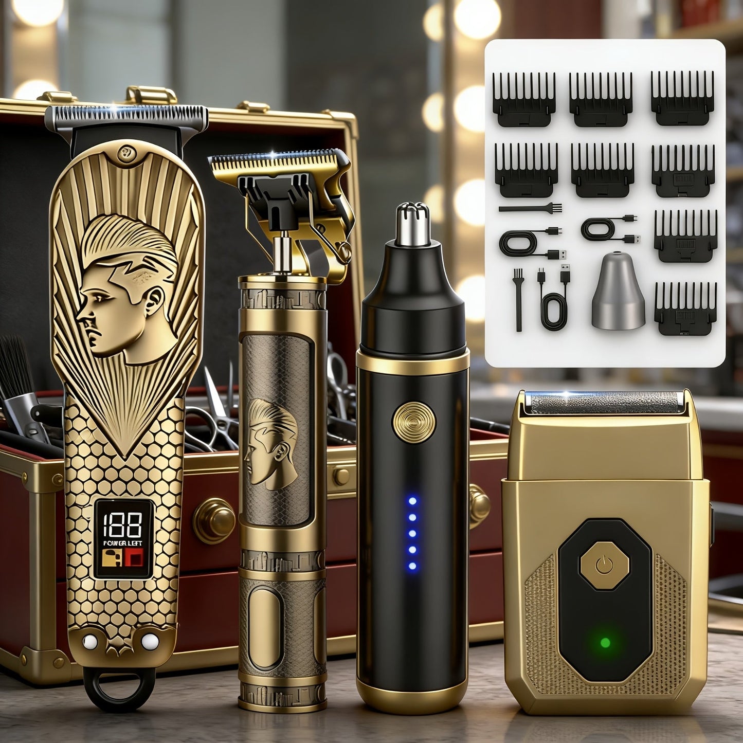 Hair Clipper & Trimmer Set 4-Piece for Men — Professional Barber Kit with Nose Trimmer, Detail Trimmer, Guide Comb, LED Display & USB Rechargeable, Home & Travel Grooming Gift