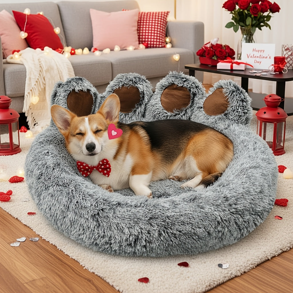 Dog Bed Cat Bed Bear Paw Shaped Donut – Calming Round Plush Pet Mattress, Warm & Soft Cuddler Bed for Dogs and Cats, Includes Pet Scarf, Sizes S to 2XL, Colors: Coffee, Pink, Grey, Brown