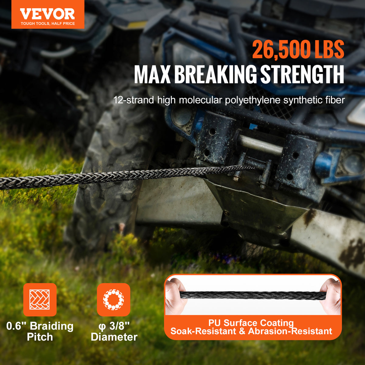 VEVOR Synthetic Winch Rope, 3/8 Inch x 85 Feet 26,500 lbs Synthetic Winch Line Cable Rope with Protective Sleeve + Forged Winch Hook + Pull Strap, Universal Fit for SUV, Large Off-Road Vehicle, Truck
