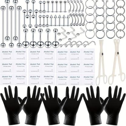 Professional Piercing Kit 120pcs – Complete Body Piercing Set with Stainless Steel Needles, Clamps, Gloves & Jewelry for Ear, Nose, Septum, Belly Button, Lip & Tongue