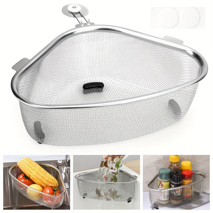 Stainless Steel Sink Strainer Basket 304 Grade Triangular Space-Saving Design – Dual-Use Stand & Hang, Mesh Filter for Food Waste & Clog Prevention, Kitchen & RV Drain Basket 8.6×6.1×3.1 Inch