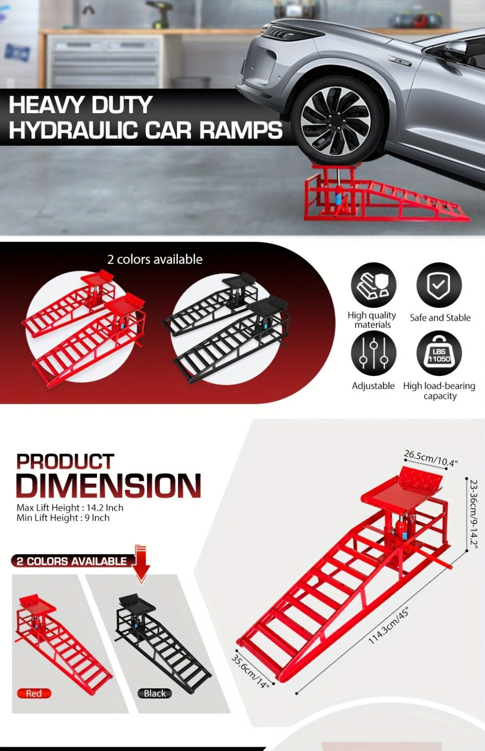 Hydraulic Car Ramps 2-Pack 11050 LBS 5T - Heavy Duty Iron Vehicle Lift Ramp 9"-14.2" for Oil Changes, Jack Support & Auto Maintenance