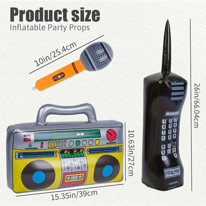Inflatable Party Props 3 Pcs Blow Up Boombox Microphone & Retro Phone – 80s Hip Hop Theme Birthday Decorations for Graduation, Back to School, School Dance, DJ & Music Themed Party Supplies