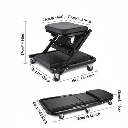 Mechanic Creeper Seat & Rolling Work Stool – Foldable 2-in-1 Auto Repair Crawler, 300 lb Capacity, Adjustable Height, 6 Swivel Wheels, Garage Shop Creeper