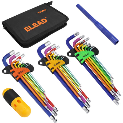 Allen Wrench Set Ball End Hex Key - SAE & Metric Color-Coded with T-Handle & Torx Keys Chrome Vanadium Steel for Bicycle Repair Auto DIY Home Improvement