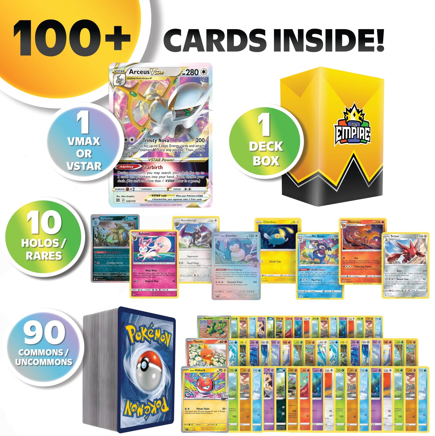 Pokemon VMAX VSTAR Bundle 100 Cards – 1 Guaranteed VMAX or VSTAR Hit + 10 Holos & Rares | TCG Empire Storage Box Included | Authentic Gift for Kids & Collectors