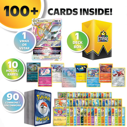 Pokemon VMAX VSTAR Bundle 100 Cards – 1 Guaranteed VMAX or VSTAR Hit + 10 Holos & Rares | TCG Empire Storage Box Included | Authentic Gift for Kids & Collectors