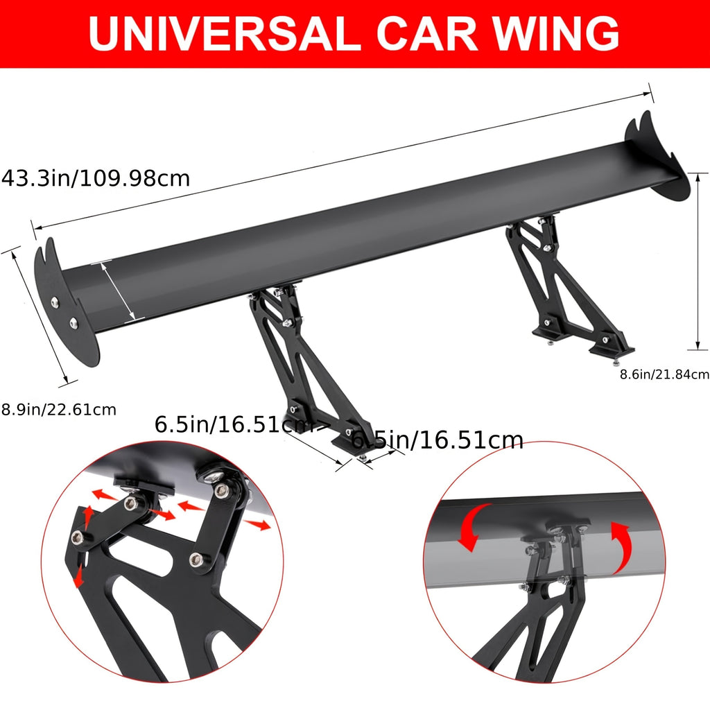 43.3-Inch Enhanced Wing Spoiler Universal Adjustable GT GTR Style Rear Sport Spoiler for 99% of Sedan Vehicles, Tuning Additions Trim Tail Air Deflector Dam Trunk Lip in Glossy Black Or Carbon Style Decoration