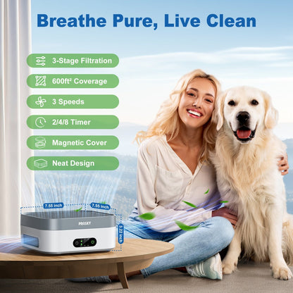 True HEPA Air Purifier for Home & Bedroom Up to 600 Sq Ft | USB-C Powered, 16dB Sleep Mode, Touch Screen Timer, 3-Stage Filtration | Removes Pets, Dust, Pollen, Smoke & Odors | Portable Grey & White