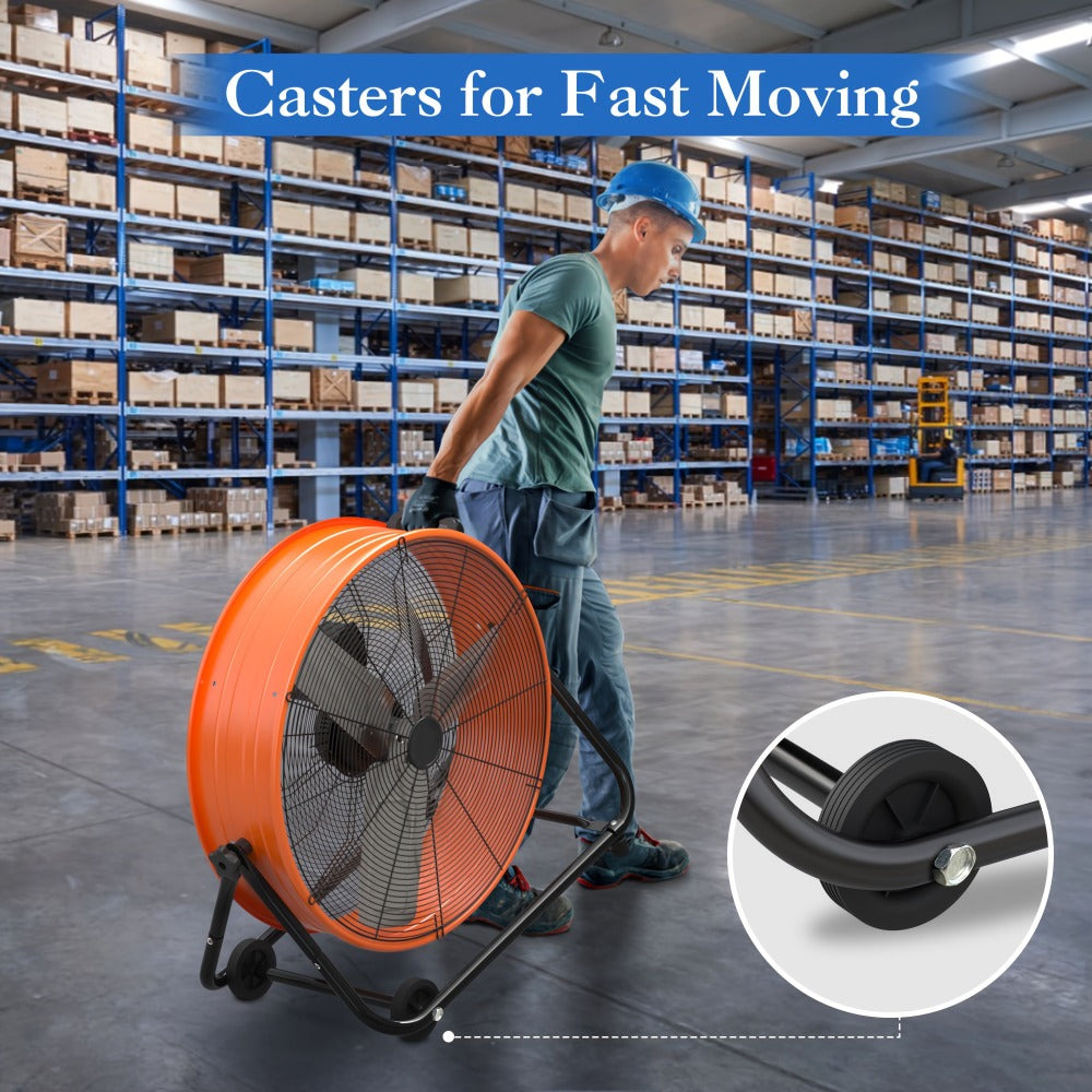 Industrial Drum Fan 24 & 30 Inch | High Velocity Floor Fan 9460-14000 CFM, 3-Speed Air Circulator with 180° Tilt for Warehouse, Garage, Workshop, Job Site & Large Space Cooling – Multiple Colors
