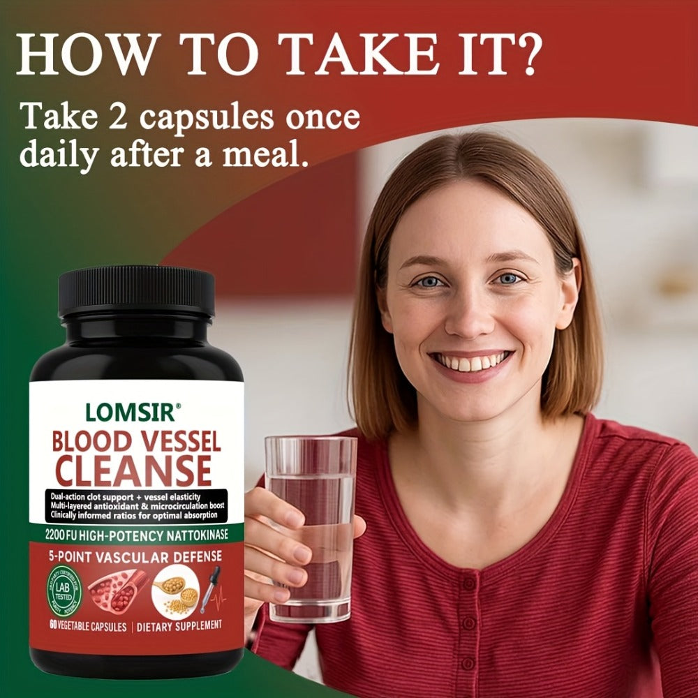 Blood Circulation Supplement Nattokinase with Gamma Oryzanol – Natural Enzyme Formula for Blood Vessel Cleanse, Circulatory System & Heart Health Support – Cardiovascular Wellness Daily Capsules – 60 Count
