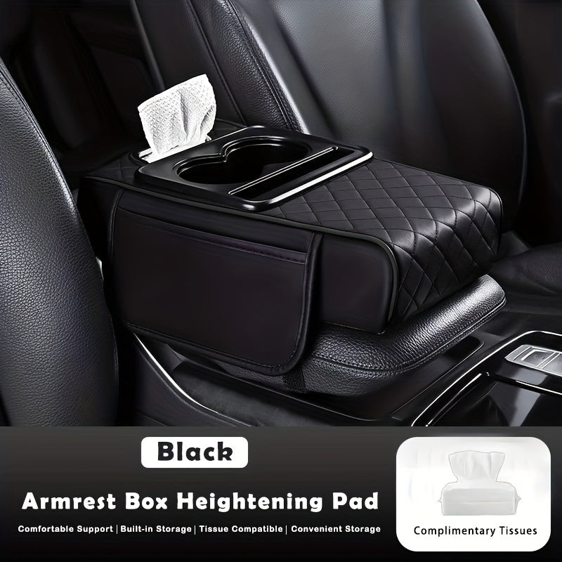Universal Car Armrest Box Cover, PU Leather Center Console Mat with 2 Side Pockets + 2 Cup Holders + Multi-Functional Tissue Storage Space, Suitable for Phone/Water Bottle/Cards, Compatible with Most Car Models, Car Accessories, Women's Car