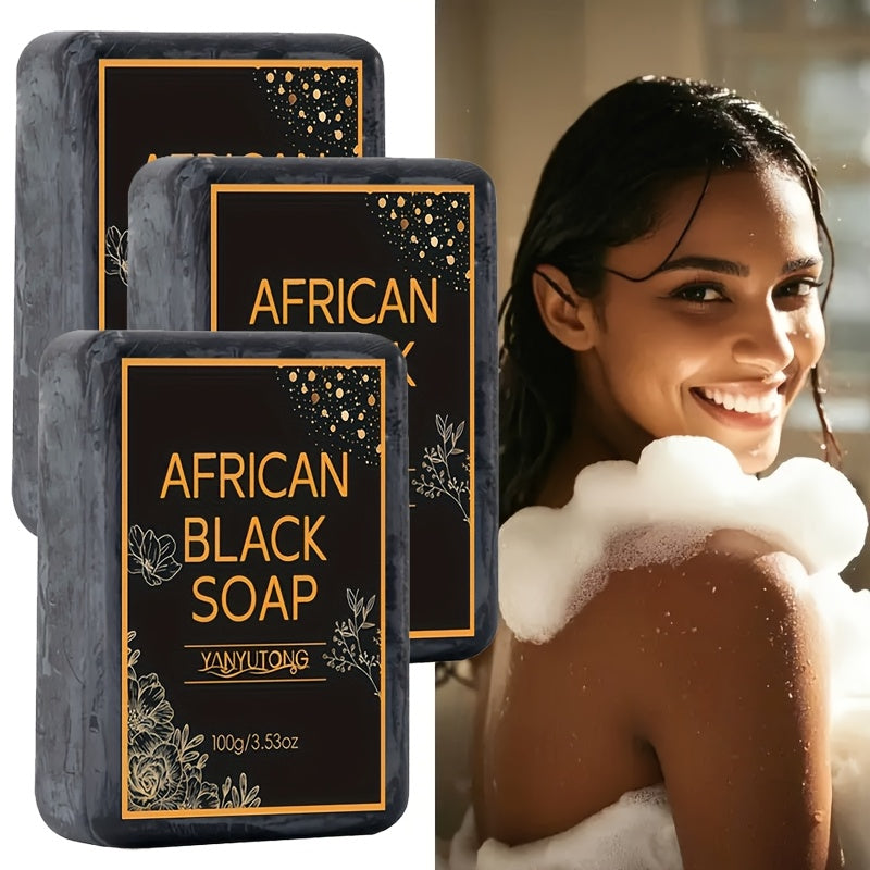 African Black Soap Bar 3-Pack 100g Each with Shea Butter & Coconut Oil — Deep Cleansing Moisturizing Face & Body Wash, Alcohol-Free Natural Soap for Acne, Dry, Oily & Sensitive Skin | All Skin Types