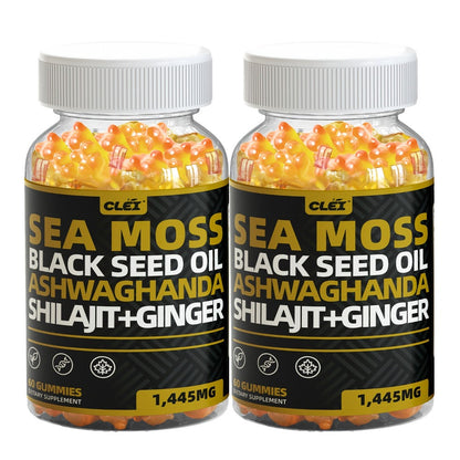 Immune Support Gummies with Sea Moss 1445mg – 10-in-1 Superfood Blend with Black Seed Oil, Ashwagandha, Elderberry, Turmeric, Bladderwrack, Chlorophyll, Shilajit & Ginger – 60 Count Daily Wellness Supplement