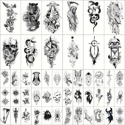 GLARYYEARS Realistic Temporary Tattoos for Men Women 48pcs Skull Snake Black Dark Art Body Arm Designs Waterproof Long Lasting Non-Toxic 12 Large 36 Small Sheets