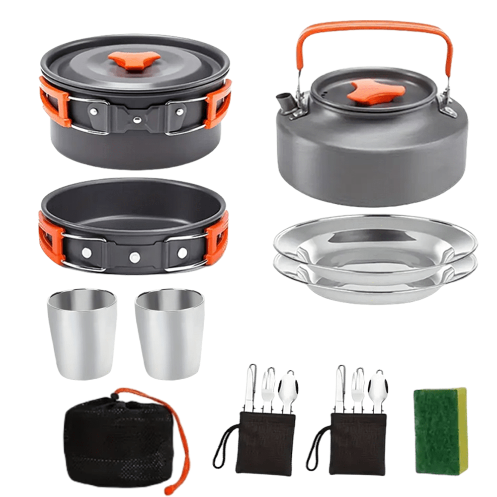 15-Piece Camping Cookware Set with Non-Stick Aluminum Alloy Pots & Pans – Portable Outdoor Cooking Kit with Kettle, Frying Pan, Cooking Pot, Plates, Cups, Folding Cutlery & Storage Bags – Perfect Father's Day Gift