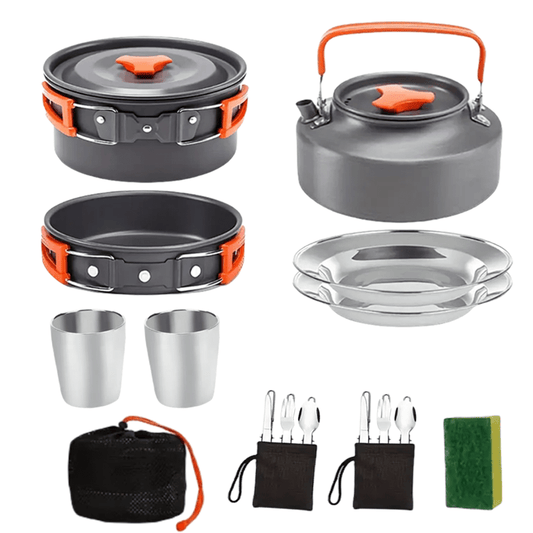 15-Piece Camping Cookware Set with Non-Stick Aluminum Alloy Pots & Pans – Portable Outdoor Cooking Kit with Kettle, Frying Pan, Cooking Pot, Plates, Cups, Folding Cutlery & Storage Bags – Perfect Father's Day Gift