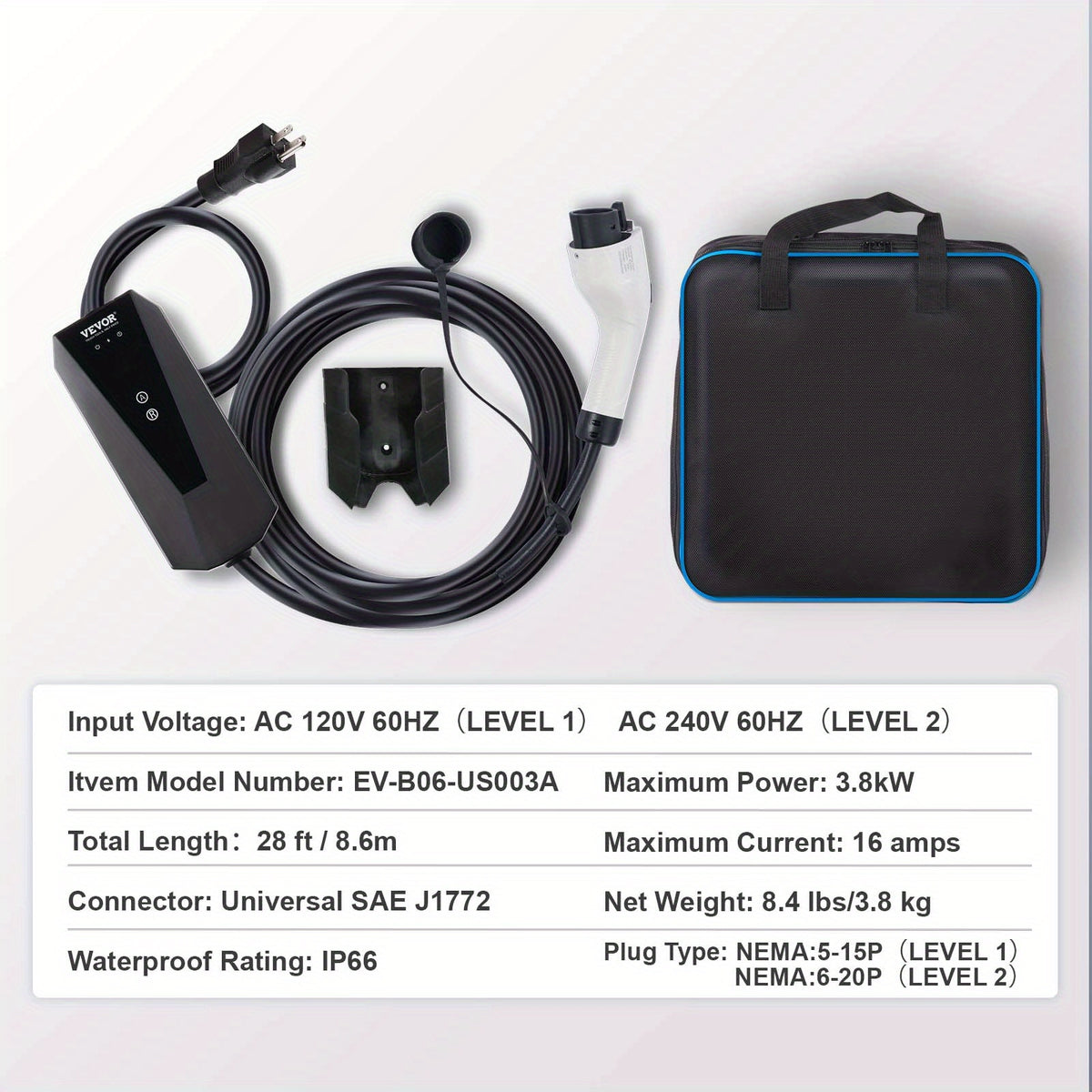 VEVOR Level 1+2 Portable EV Charger, 16 Amp 120V or 240V, Electric Vehicle Charger with 28-Foot Charging Cable NEMA 6-20P Plug NEMA 5-15 Adapter, Plug-in Home EV Charging Station for SAE J1772 EVs