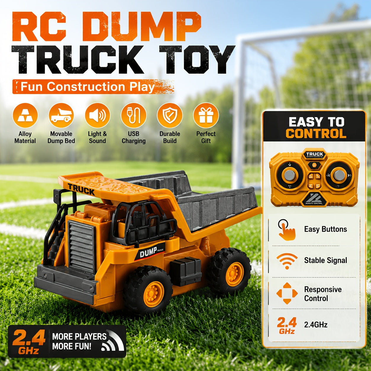 Remote Control Excavator Loader Dump Truck Toy for Kids 2.4GHz Alloy RC Construction Vehicle with Light & Sound, USB Rechargeable, Boys Gift for Halloween Thanksgiving Christmas Birthday Ages 3+